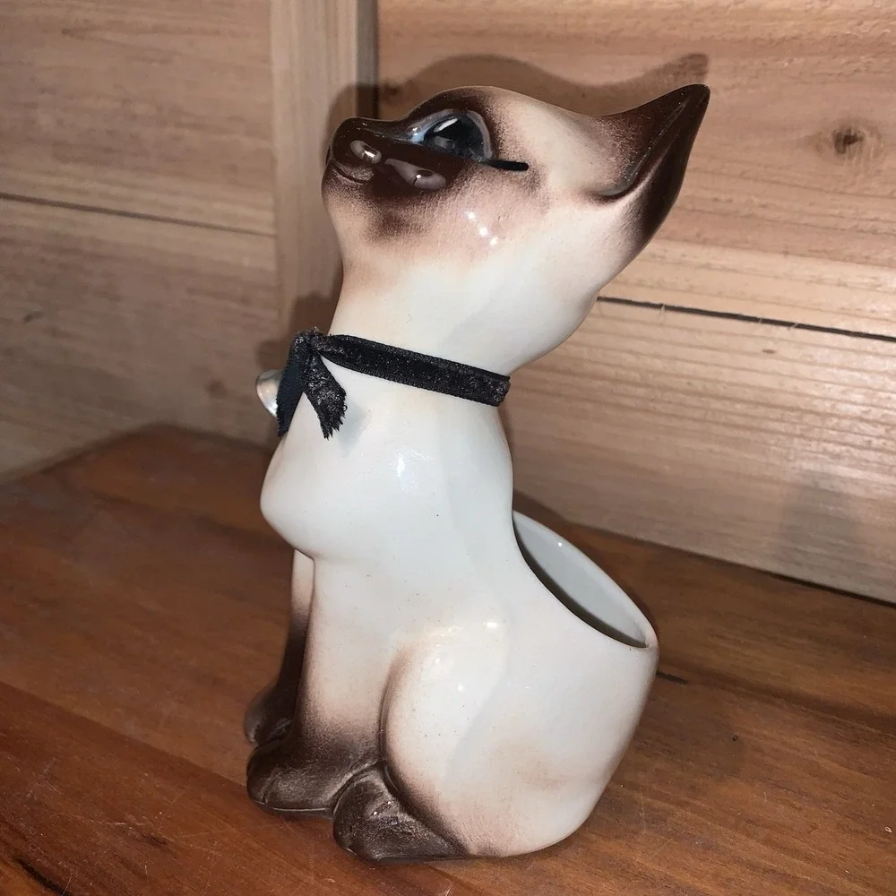 VTG Siamese Cat Ceramic Planter Granny Cottage Core Mid-Century Blue Eyes W/bell